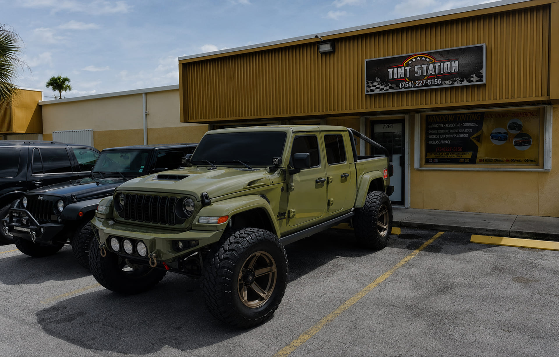 Custom lifted Jeep Gladiator tinted and built at Tint Station in Deerfield Beach, Florida