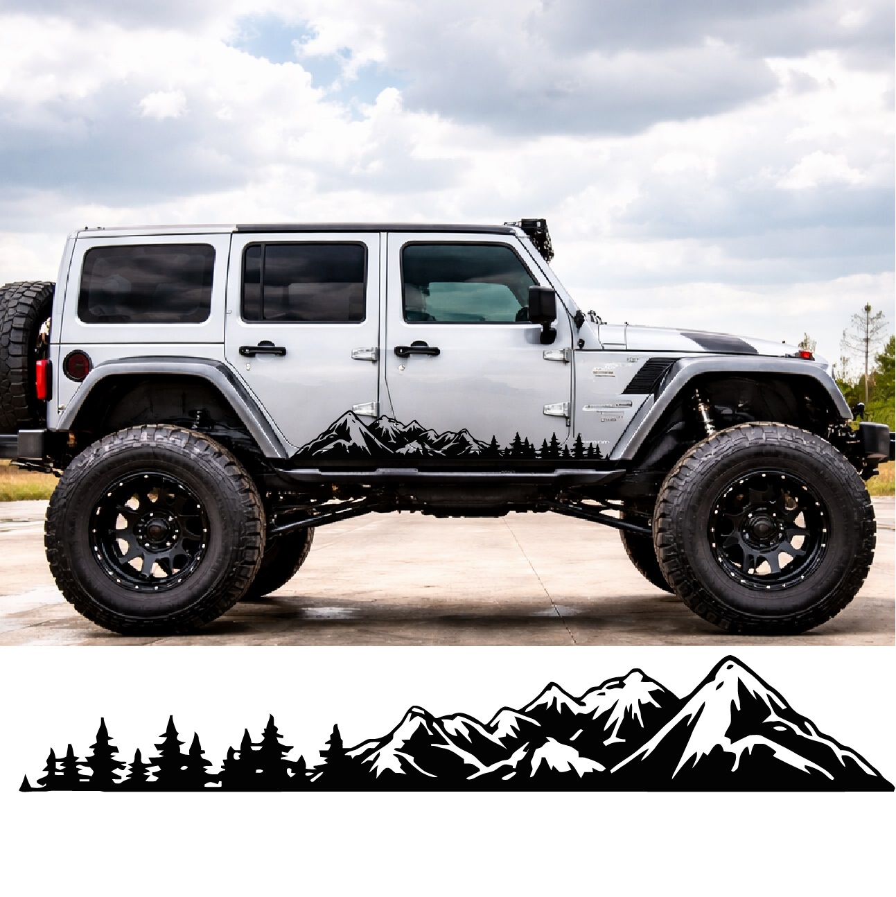 Lifted Jeep Wrangler with custom vinyl mountain graphics by Tint Station