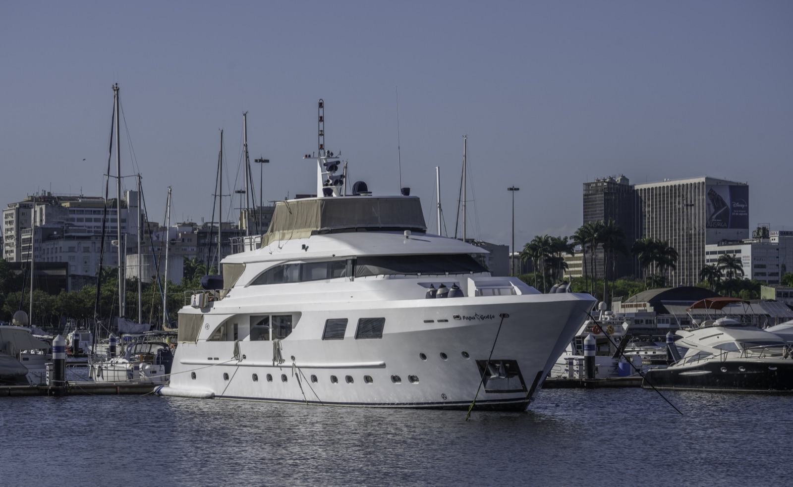 Motor yacht in a South Florida marina — marine window tinting by Tint Station without window tint